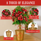 Christabelle 36cm Christmas Tabletop Topiary Tree Pre-Decorated Berries, Baubles & Pine Cones Gold Pot Twisted Stem Festive Decoration