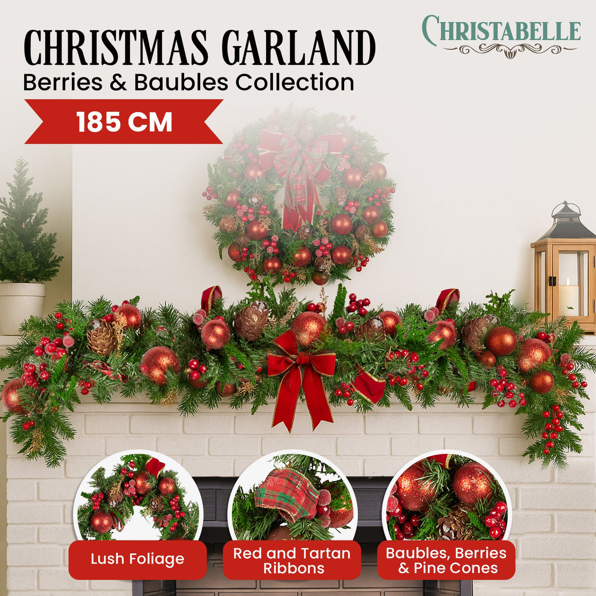 Christabelle 1.85m Christmas Garland with Red Berries Pine Cones Baubles Bows Tree Decoration Ornament