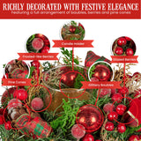 Christabelle 26cm Christmas Centrepiece Lush Green Holiday Display w/Red Berries & Hurricane Candle Holder Pre-decorated for Dining Table Console
