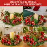 Christabelle 26cm Christmas Centrepiece Lush Green Holiday Display w/Red Berries & Hurricane Candle Holder Pre-decorated for Dining Table Console
