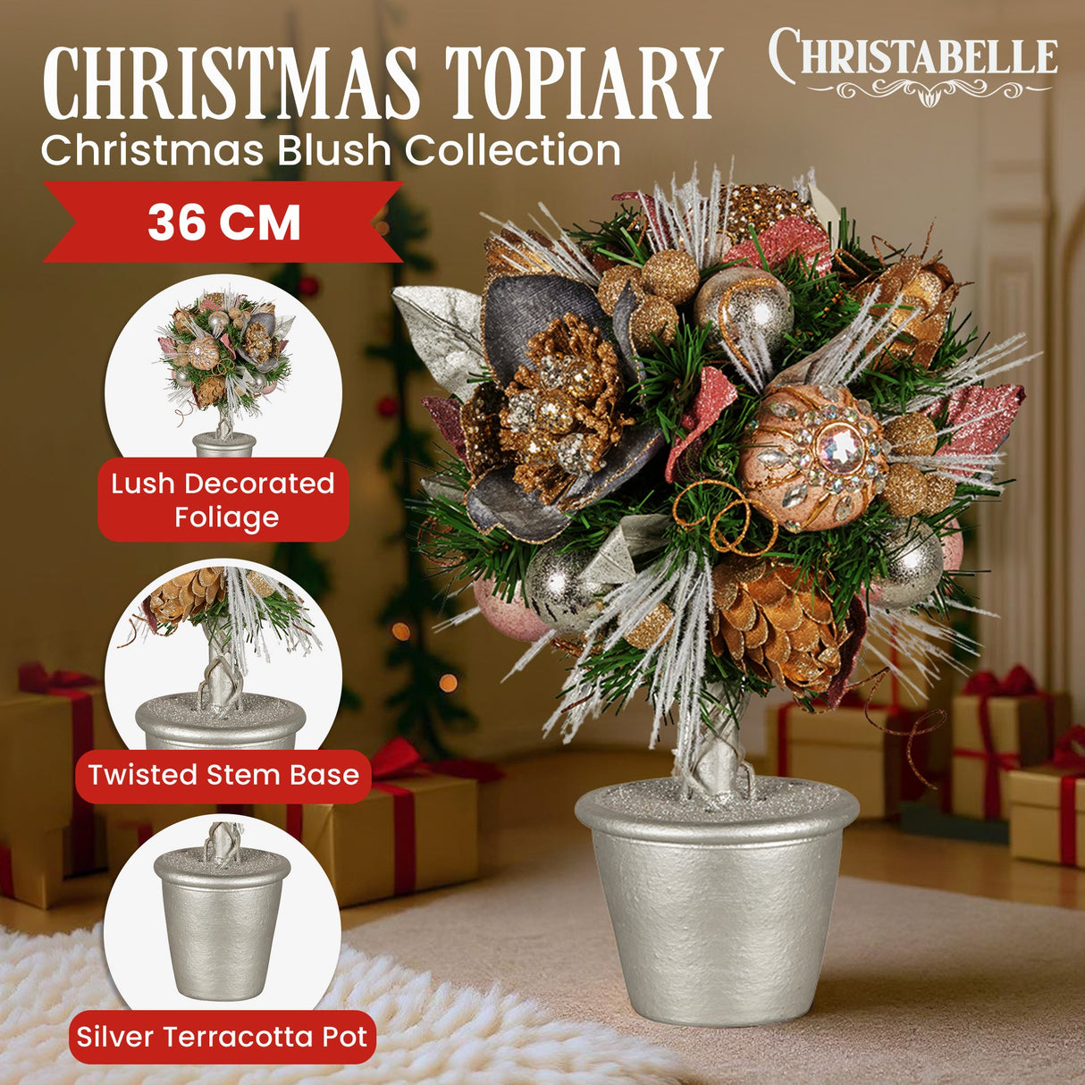 Christabelle 36cm Christmas Tabletop Topiary Tree Jewelled Baubles, Berries, Flowers and Pine Cones Festive Decoration