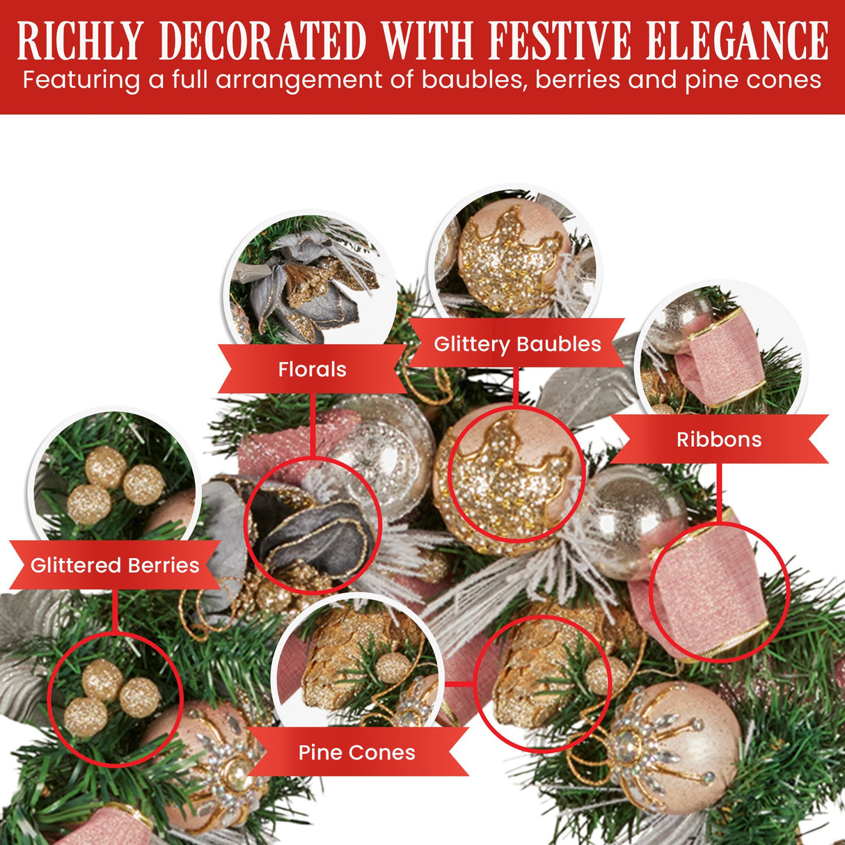 Christabelle Premium 1.8m Christmas Garland Jewelled Baubles & Berries Tree Decoration Ornament Pink Silver Gold