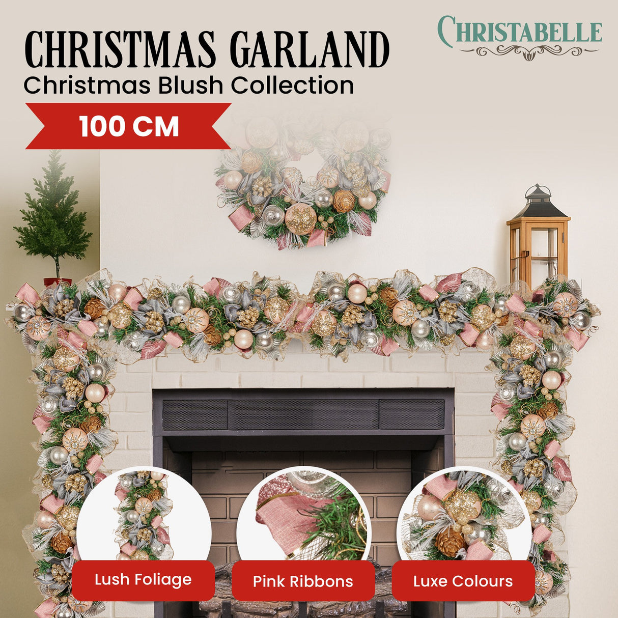 Christabelle Premium 100cm Christmas Garland Jewelled Baubles & Berries Tree Decoration Ornament Pink Silver Gold