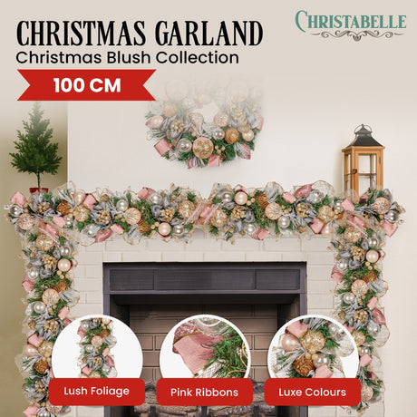 Christabelle Premium 100cm Christmas Garland Jewelled Baubles & Berries Tree Decoration Ornament Pink Silver Gold