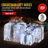 Christabelle Swishmas Set Of 3 Christmas Gift Boxes With Lights With Jewelled Wire And Silver Bows