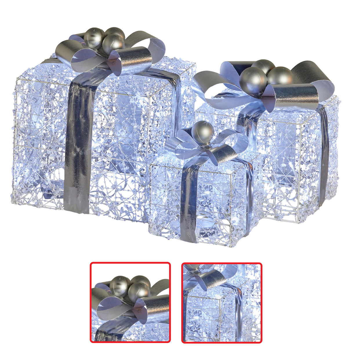 Christabelle Swishmas Set Of 3 Christmas Gift Boxes With Lights With Jewelled Wire And Silver Bows