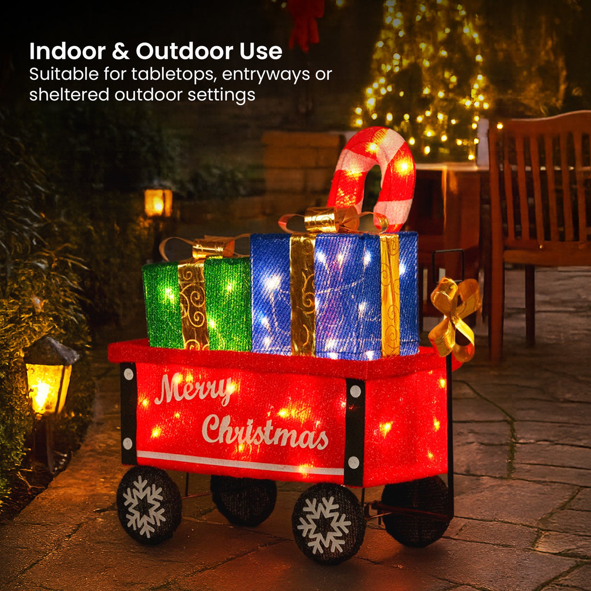 Christabelle Christmas Cart Display w/Candy Cane & Presents Warm White LED Lights Wire Frame Structure Indoor & Outdoor