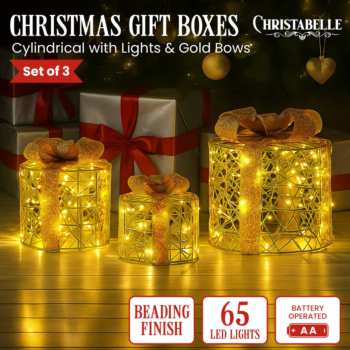 Christabelle Set of 3 Christmas Gift Box Display Gold with LED Lights and Bows Decoration Ornament Present