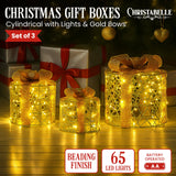 Christabelle Set of 3 Christmas Gift Box Display Gold with LED Lights and Bows Decoration Ornament Present