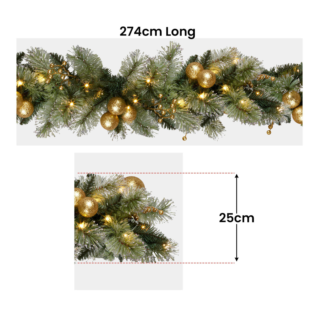Christabelle 2.7m Christmas Garland with Gold Baubles and LED Lights Mantle Decoration Ornament