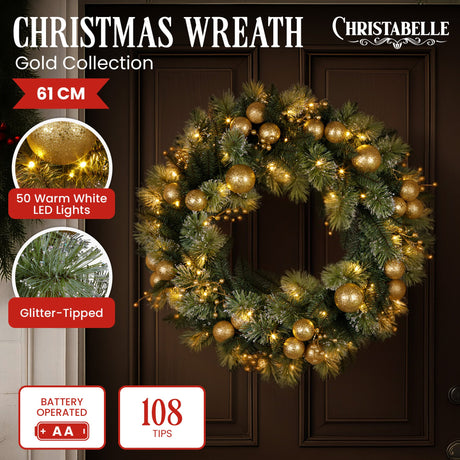 Christabelle 61cm Christmas Wreath Glittery Tipped with LED Lights and Golden Baubles Front Door Decoration Ornament