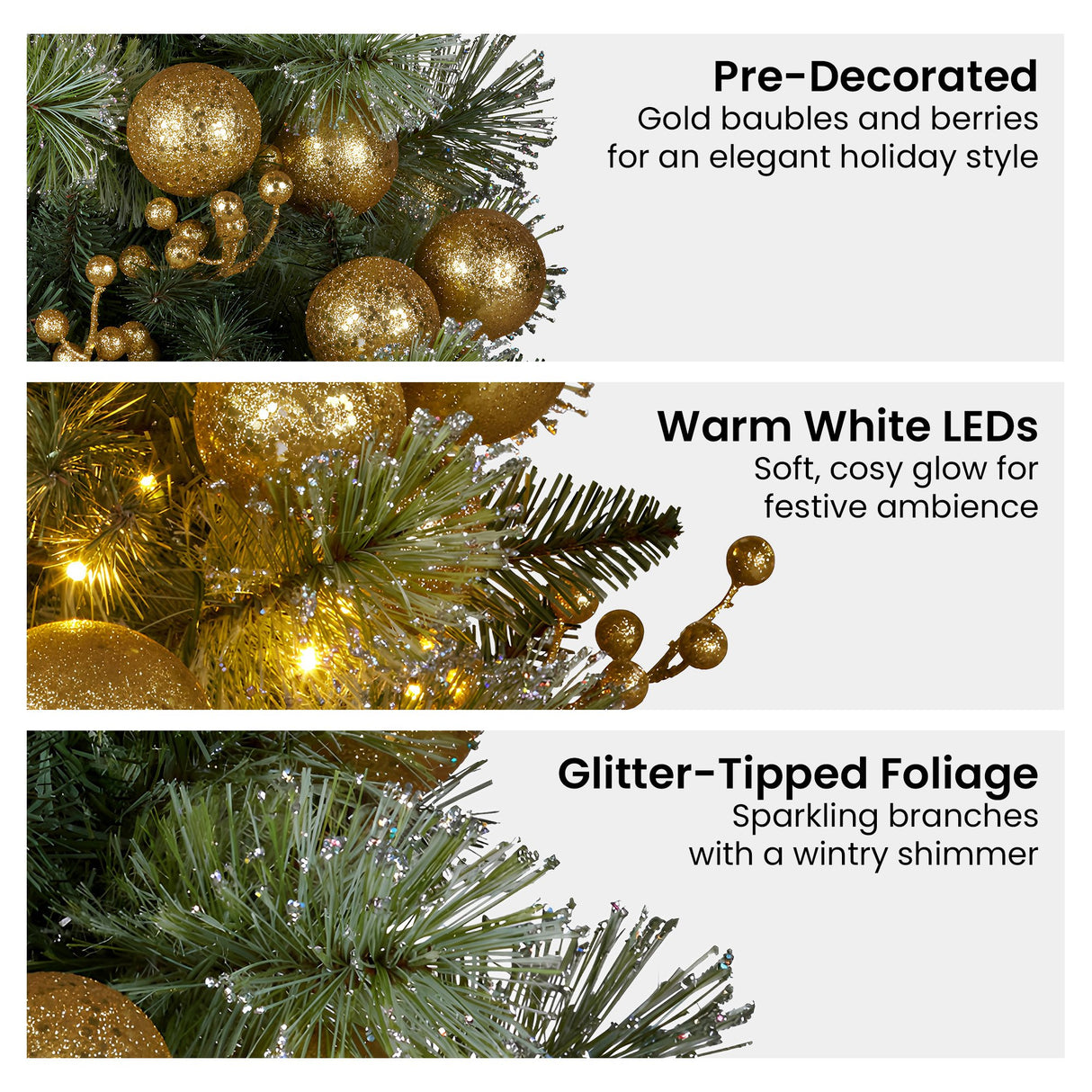 Christabelle 61cm Christmas Wreath Glittery Tipped with LED Lights and Golden Baubles Front Door Decoration Ornament
