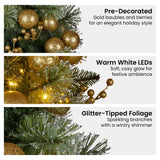 Christabelle 61cm Christmas Wreath Glittery Tipped with LED Lights and Golden Baubles Front Door Decoration Ornament