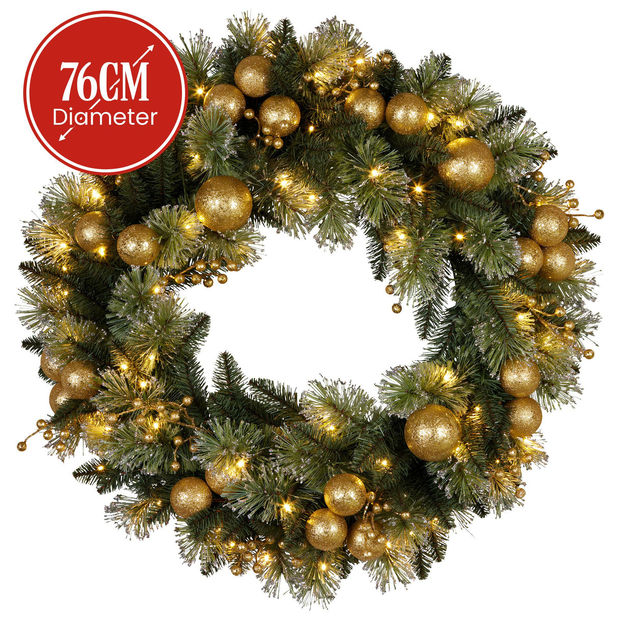 Christabelle 76cm Christmas Wreath Glittery Tipped with LED Lights and Golden Baubles Front Door Decoration Ornament