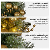 Christabelle 76cm Christmas Wreath Glittery Tipped with LED Lights and Golden Baubles Front Door Decoration Ornament