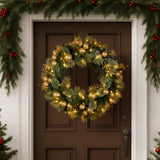 Christabelle 76cm Christmas Wreath Glittery Tipped with LED Lights and Golden Baubles Front Door Decoration Ornament