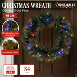 Christabelle 61cm Christmas Wreath with LED Lights Glittery Gold Pine re-Lit Front Door Decoration Ornament
