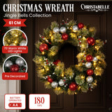 Christabelle Stunning 61cm Christmas Wreath with LED Lights Baubles Berries Red Silver Front Door Decoration