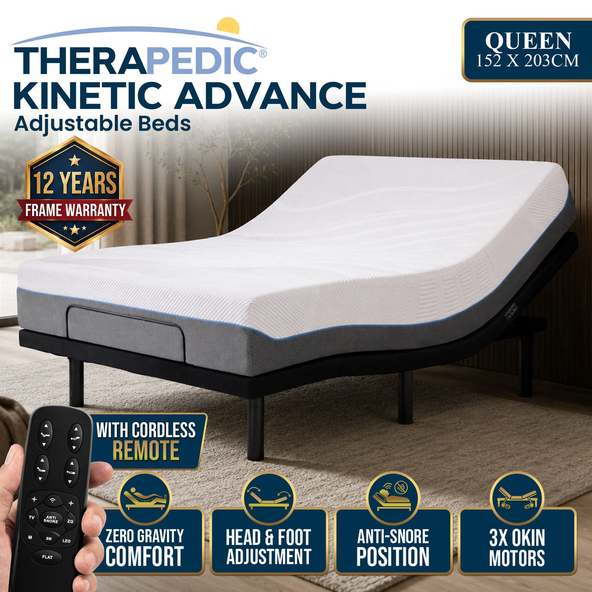 Therapedic Advance Queen Adjustable Bed Frame Base with Head Tilt, Massage, USB & Wireless Remote