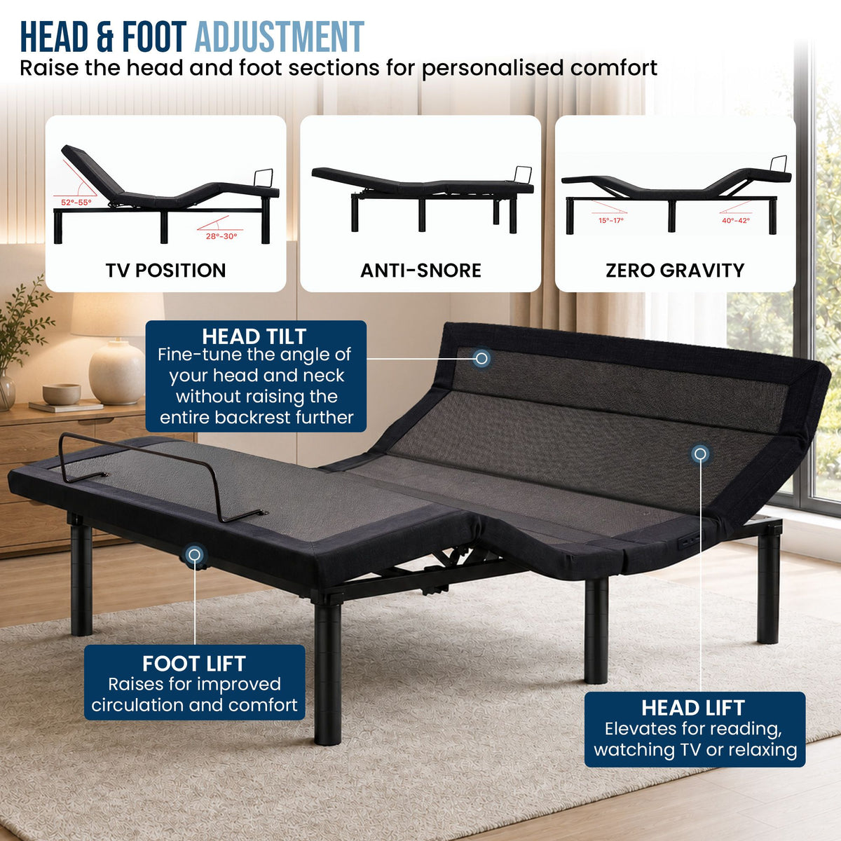 Therapedic Advance Queen Adjustable Bed Frame Base with Head Tilt, Massage, USB & Wireless Remote
