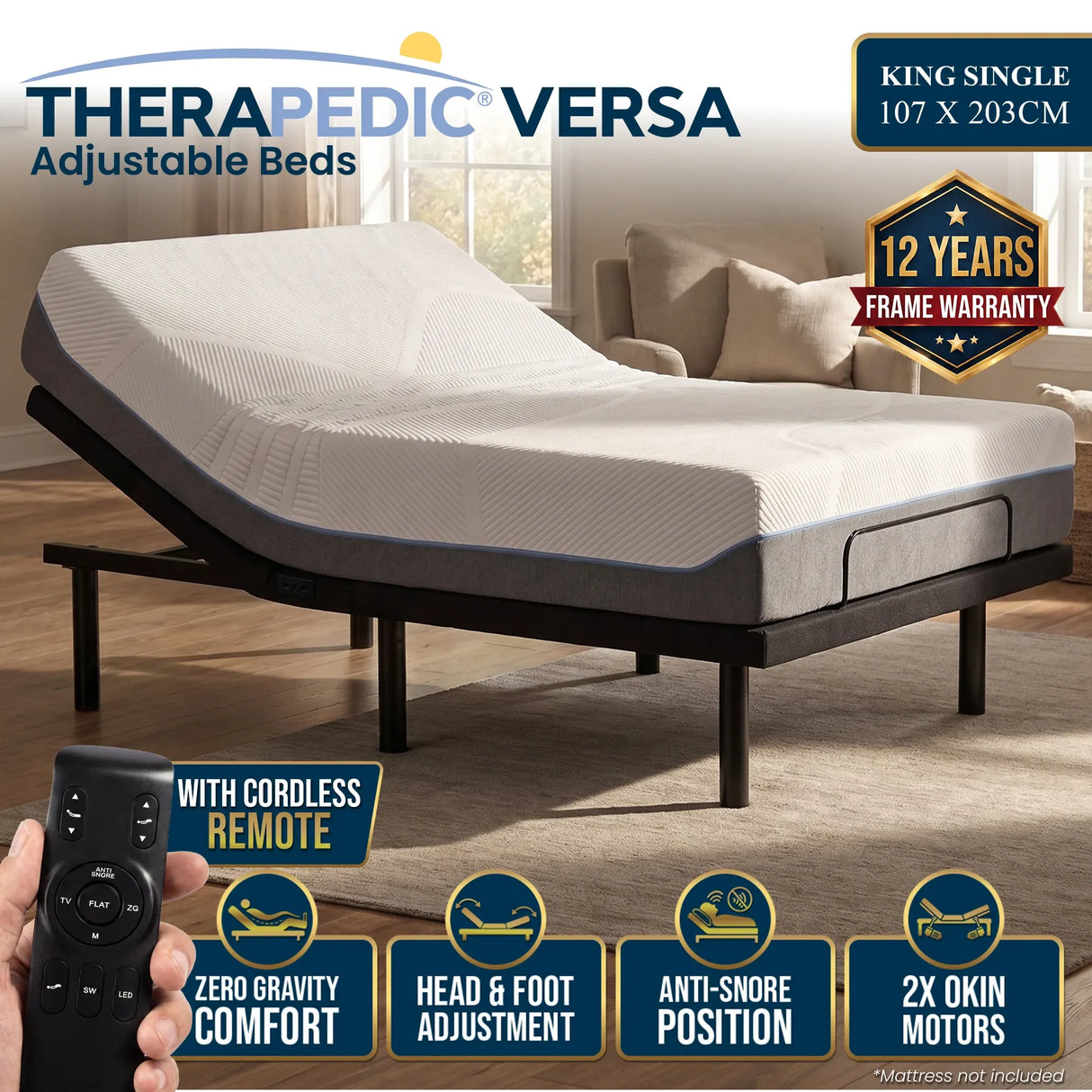 Therapedic Versa Adjustable King Single Bed Base with Massage Function