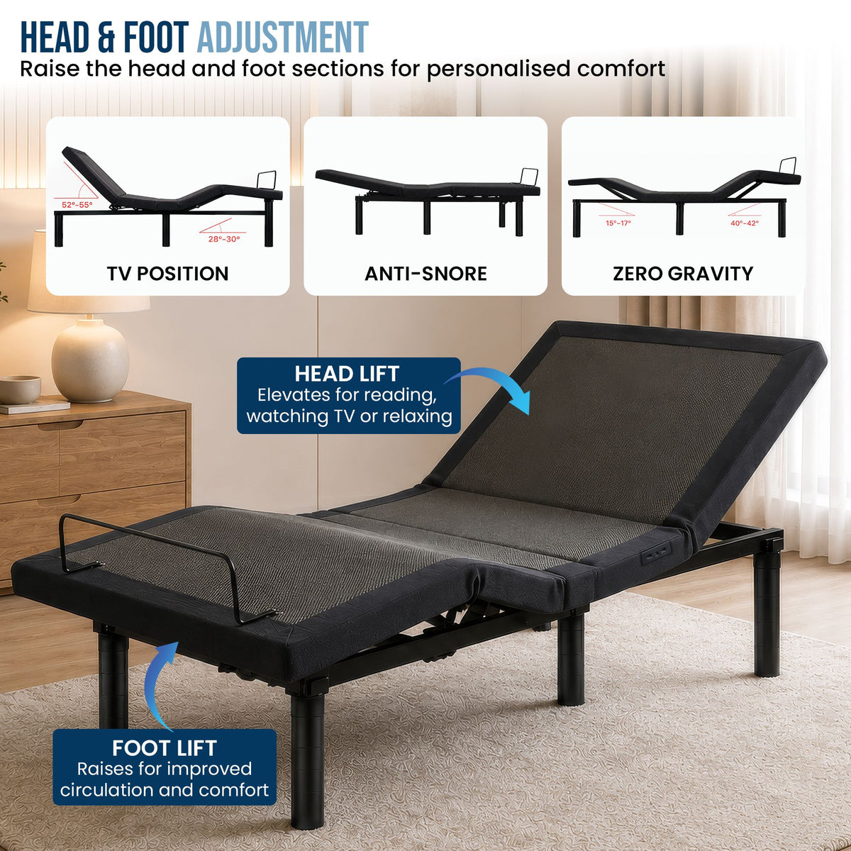 Therapedic Versa Electric Long Single Adjustable Bed Base Frame with Massage Dual Motor Zero Gravity & Wireless Remote