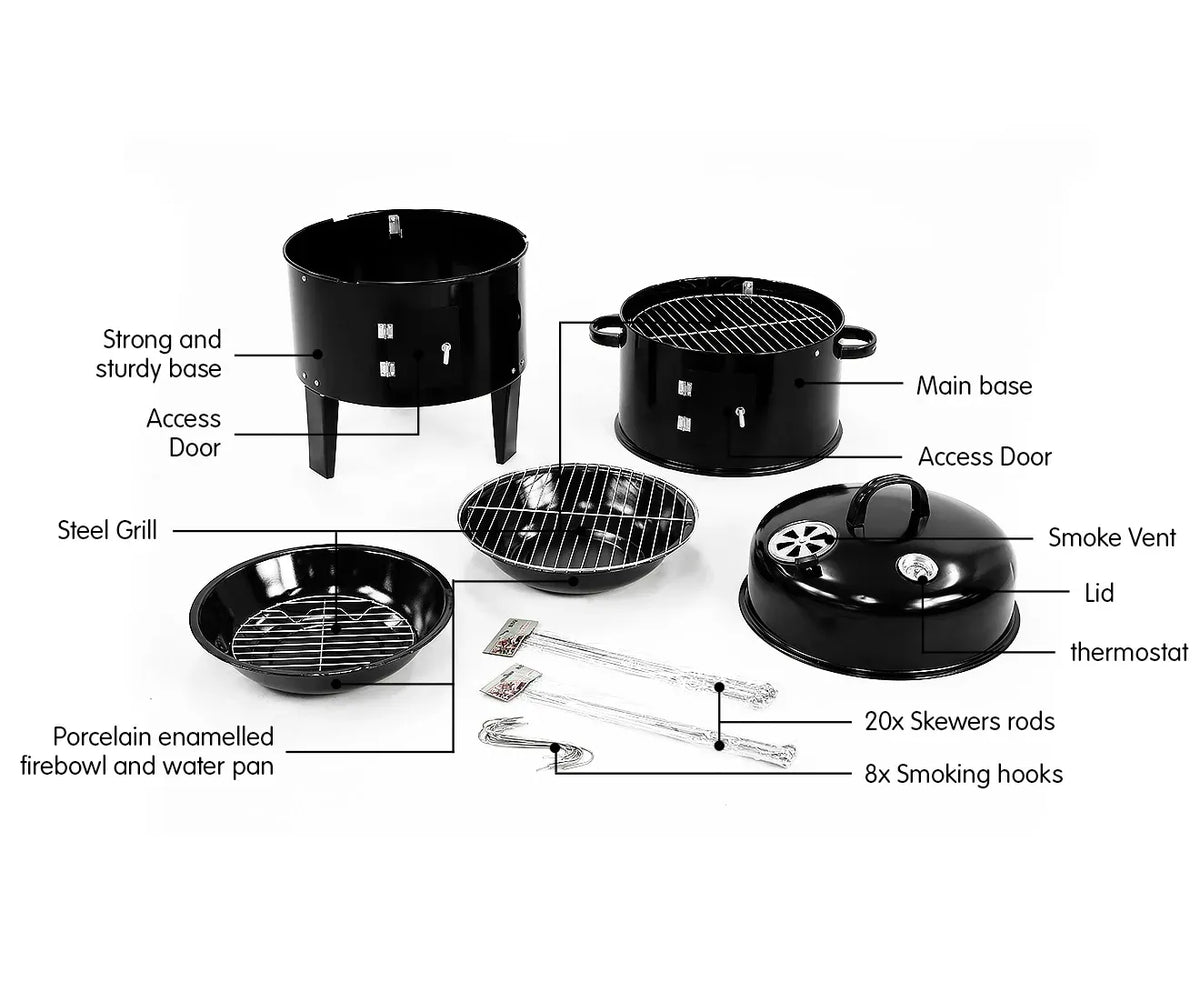 Wallaroo 3-in-1 Charcoal BBQ Smoker Portable Outdoor Barbecue Grill Meat Cooker & Roaster for Backyard Camping