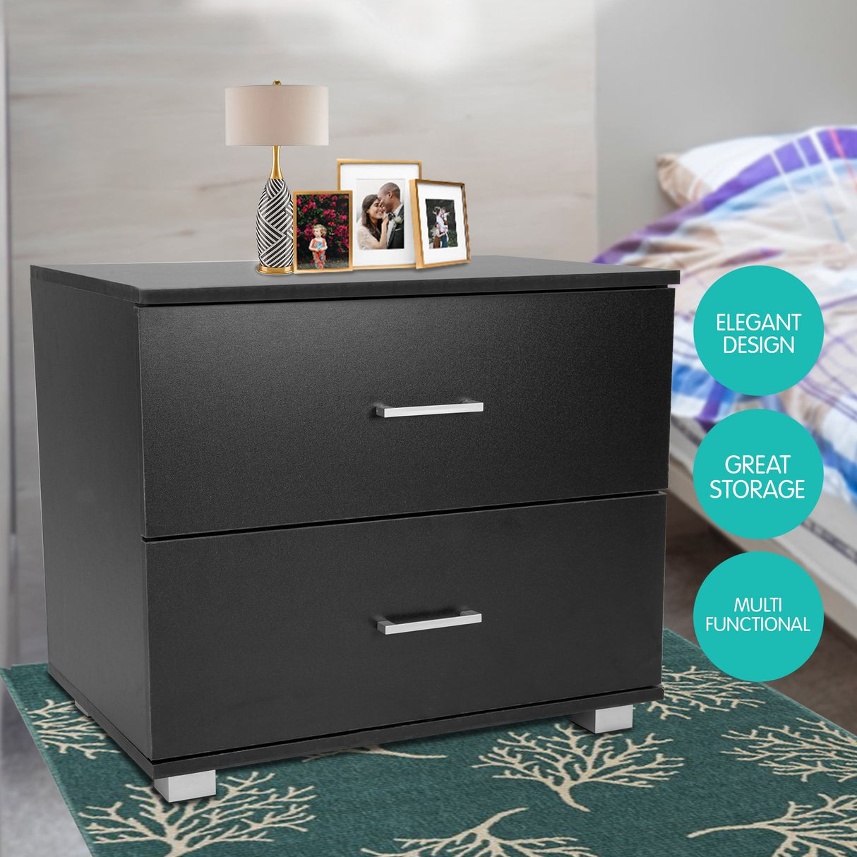 Sarantino Bedside Table Cabinet Storage Chest 2 Drawers - Black