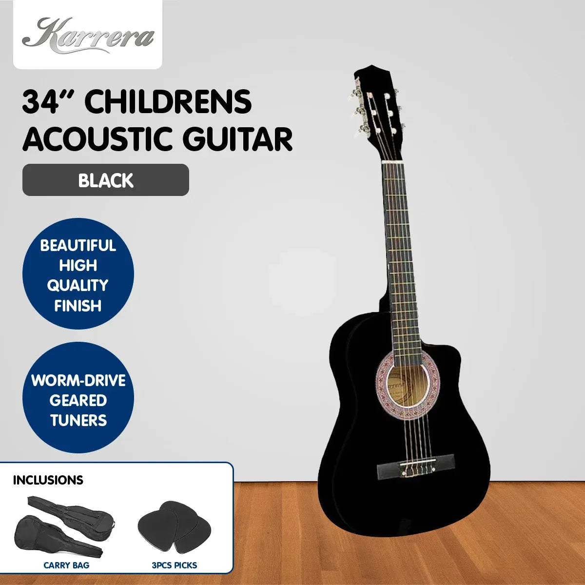 Karrera Childrens 34in Wooden Acoustic Guitar Kids - Black