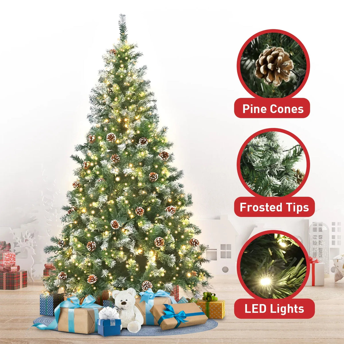 Christabelle 2.4m Pre-Lit LED Artificial Christmas Tree with Snow Tipped Needles Pine Cones Stand