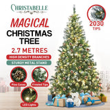 Christabelle 2.7m 9ft Pre-Lit LED Artificial Christmas Tree with Snow Tipped Needles Pine Cones Stand
