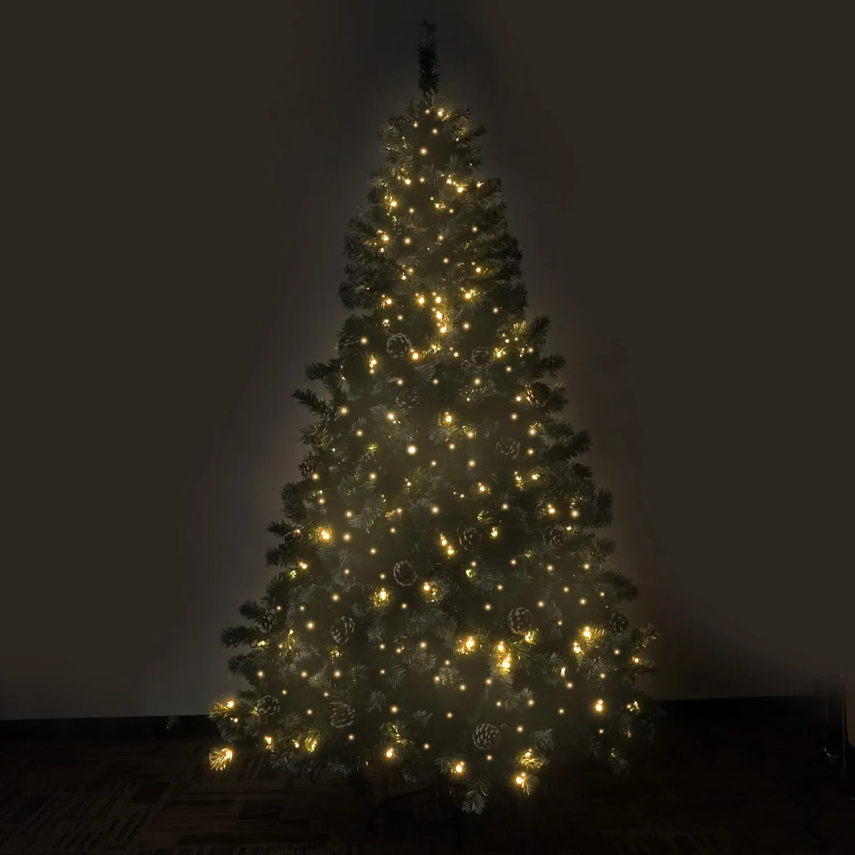 Christabelle 2.7m 9ft Pre-Lit LED Artificial Christmas Tree with Snow Tipped Needles Pine Cones Stand
