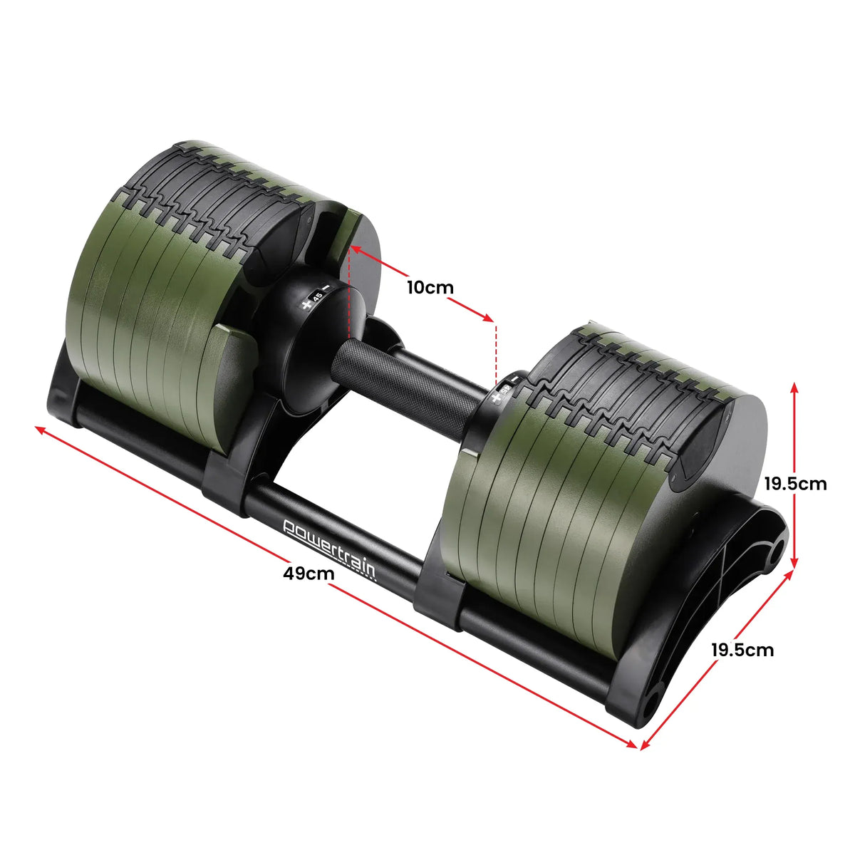 Powertrain Eon 90kg Adjustable Dumbbells Pair (2x 45kg) Quick Dial Strength Training Free Weights for Home Gym, Green