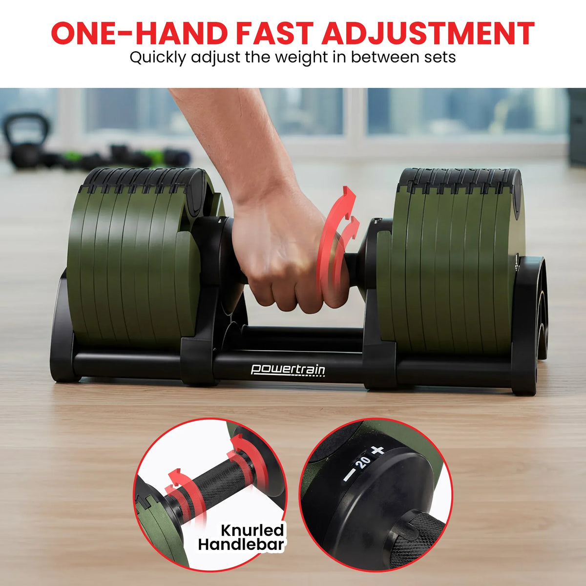 Powertrain Eon 90kg Adjustable Dumbbells Pair (2x 45kg) Quick Dial Strength Training Free Weights for Home Gym, Green