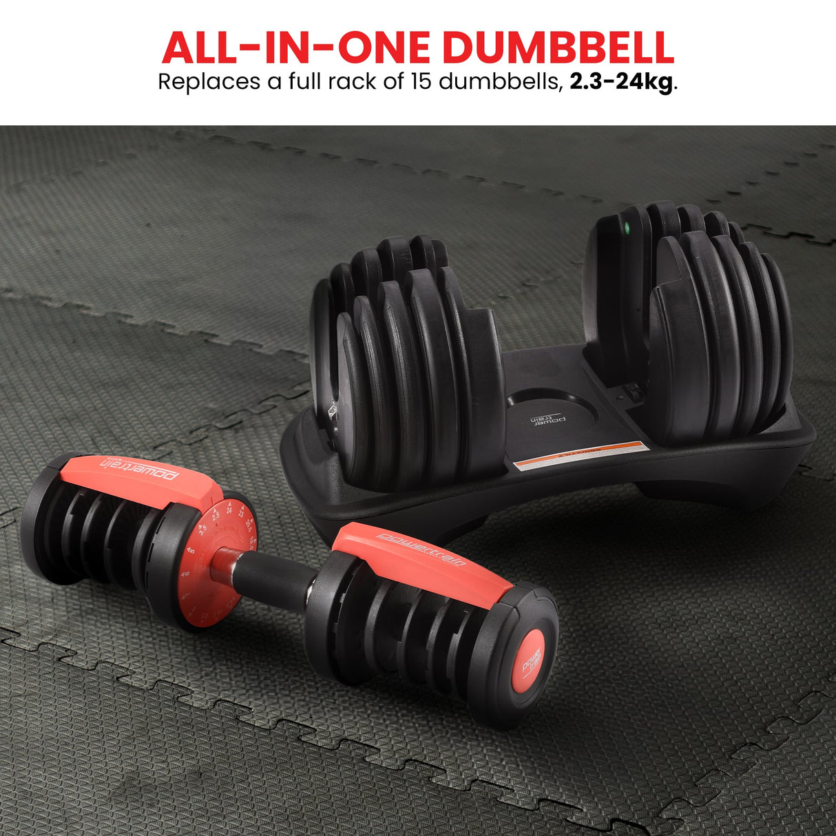Powertrain 48kg Adjustable Dumbbells with Dumbbell Stand – Red