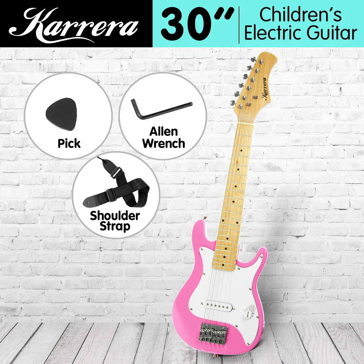 Karrera Kids Electric Guitar Junior Beginner Double Cutaway Scaled-Down Instrument for Children - Pink