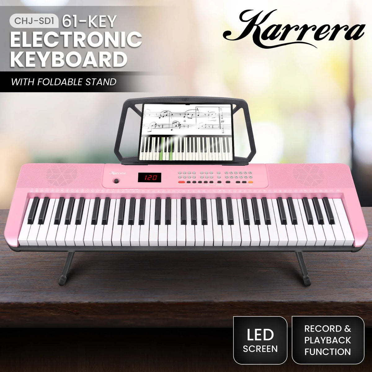 Karrera Pink 61-Key Electronic Digital Piano Keyboard with LED Screen Adjustable Folding Stand & Music Holder
