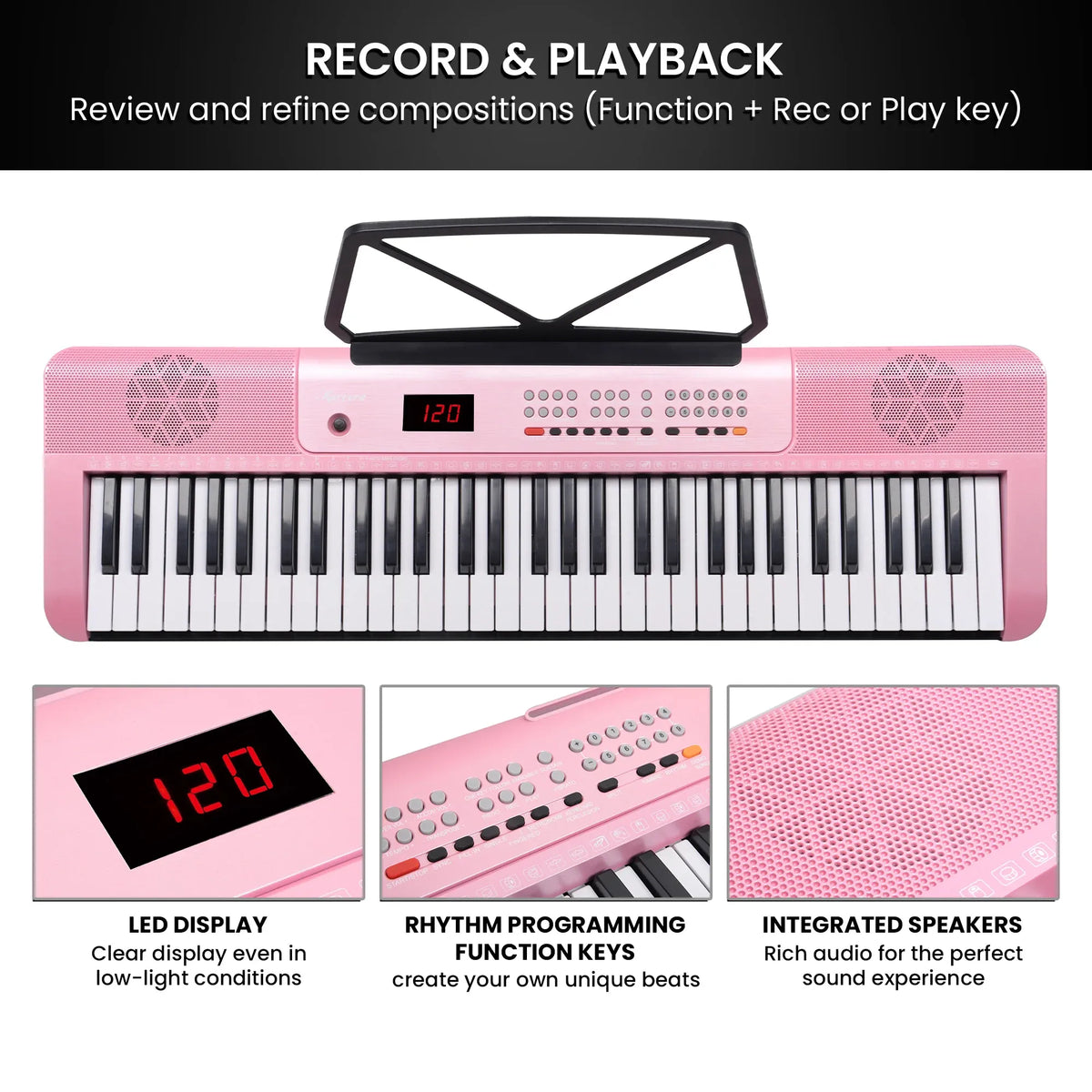 Karrera Pink 61-Key Electronic Digital Piano Keyboard with LED Screen Adjustable Folding Stand & Music Holder