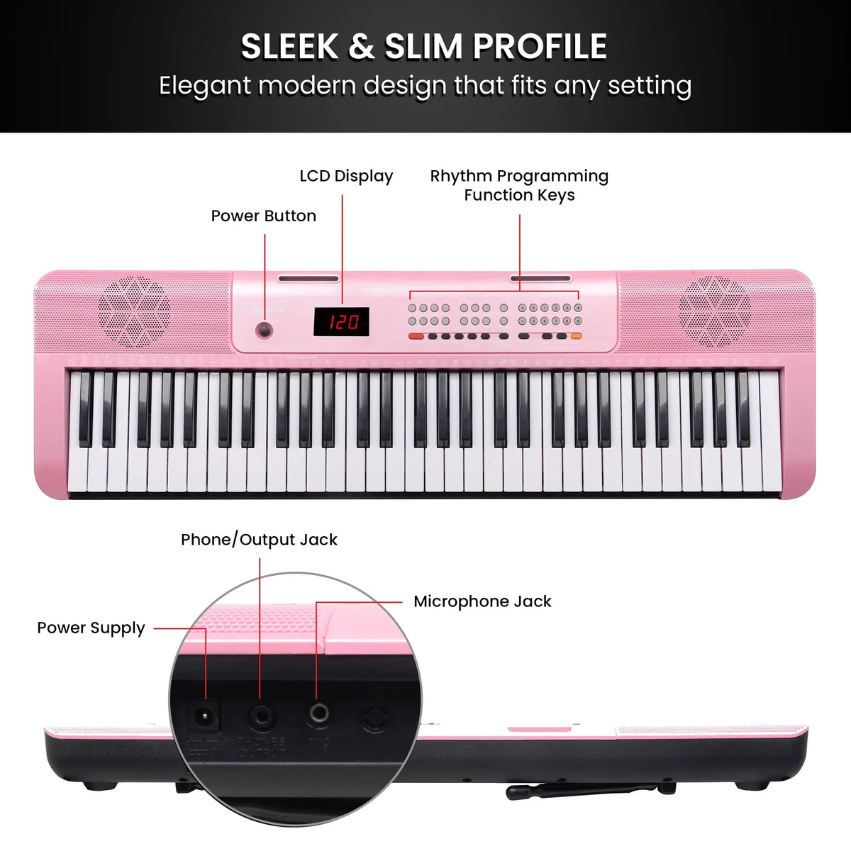 Karrera Pink 61-Key Electronic Digital Piano Keyboard with LED Screen Adjustable Folding Stand & Music Holder
