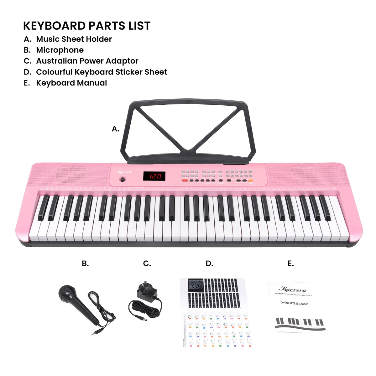 Karrera Pink 61-Key Electronic Digital Piano Keyboard with LED Screen Adjustable Folding Stand & Music Holder