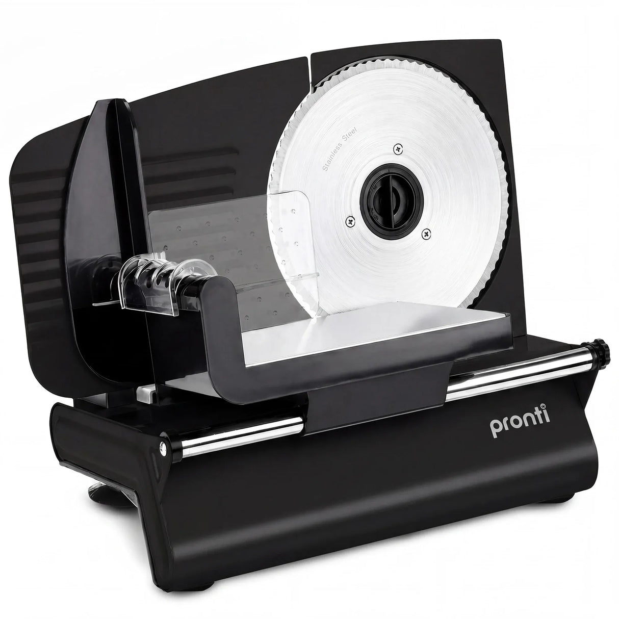 Pronti Black Electric Food Slicer 200W with Adjustable Thickness 1 to 15mm Serrated and Fine Edge Stainless Steel Blades