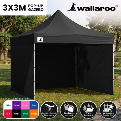 Wallaroo Gazebo Tent Marquee 3x3 PopUp Outdoor Black