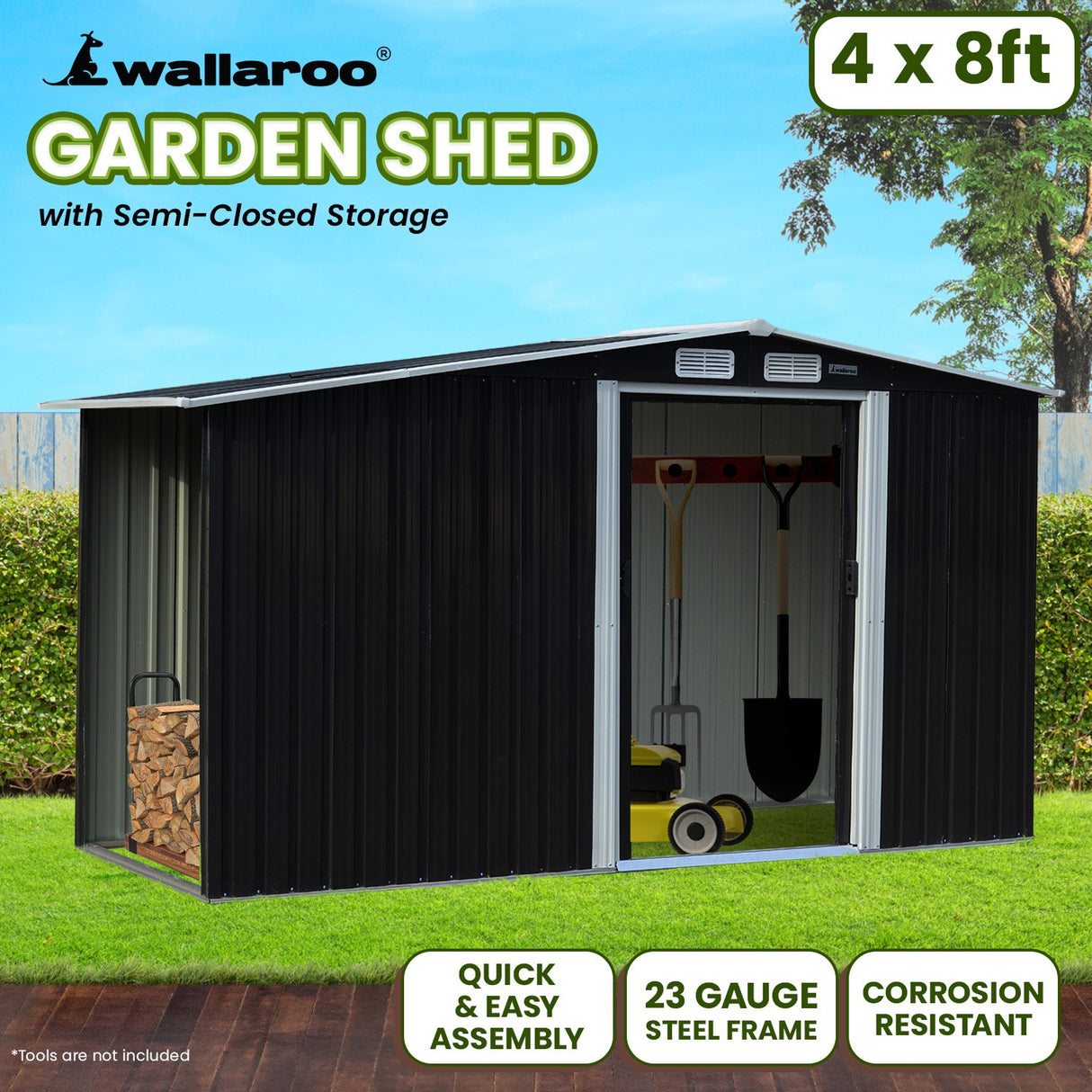 Wallaroo Garden Shed with Semi-Close Storage 4*8FT - Black