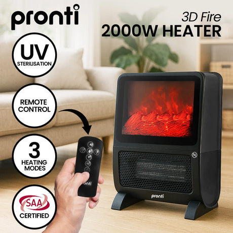 Pronti 2000W PTC Ceramic Electric Portable Space Heater with 3D Flame Effect, Remote Control, Timer & Air Filter
