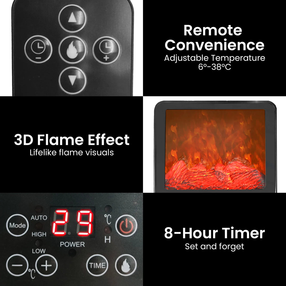 Pronti 2000W PTC Ceramic Electric Portable Space Heater with 3D Flame Effect, Remote Control, Timer & Air Filter