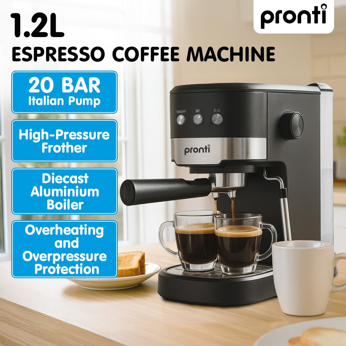 Pronti Breakfast Set with Rose Gold Kettle & Toaster with 1.2L Espresso Machine - White