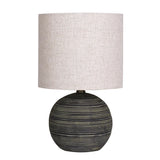 Sarantino Ceramic Table Lamp Striped Antique Black Globe Base with Beige Fabric Drum Shade Bedside Nightstand Light
