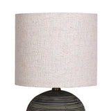 Sarantino Ceramic Table Lamp Striped Antique Black Globe Base with Beige Fabric Drum Shade Bedside Nightstand Light