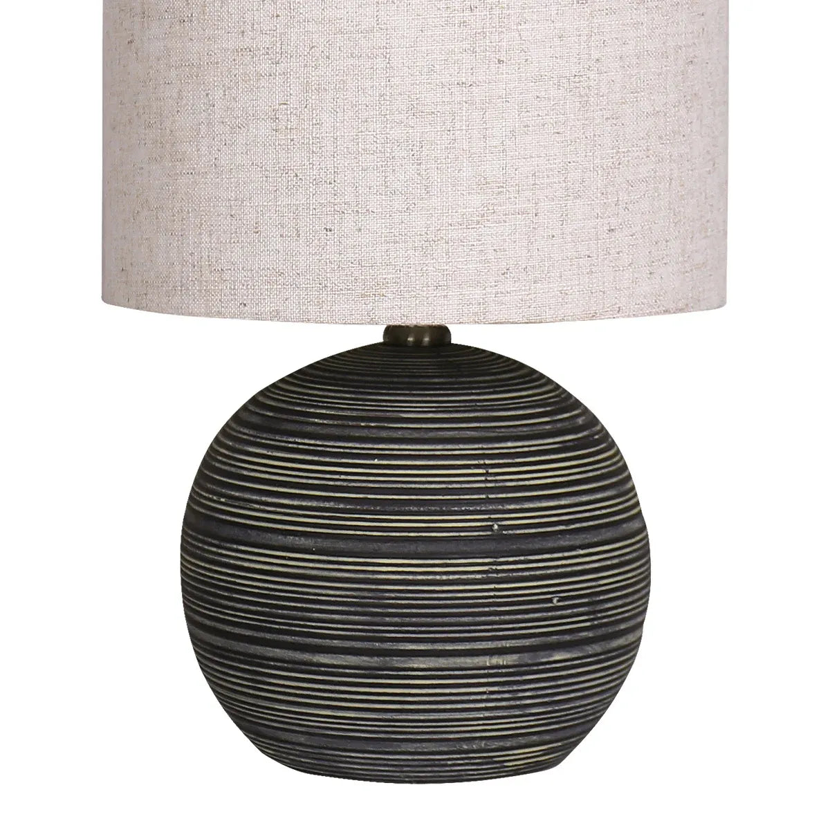 Sarantino Ceramic Table Lamp Striped Antique Black Globe Base with Beige Fabric Drum Shade Bedside Nightstand Light