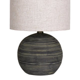 Sarantino Ceramic Table Lamp Striped Antique Black Globe Base with Beige Fabric Drum Shade Bedside Nightstand Light